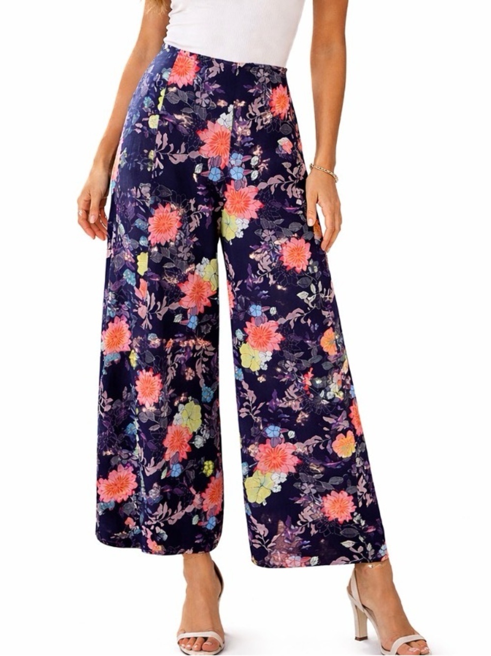 Umgee pants wide leg floral print pink back zip up SZ L casual lightweight